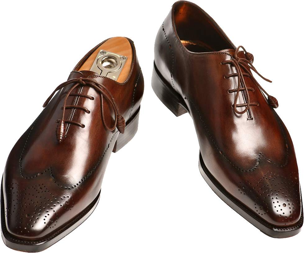 Pair Of Brown Wingtip Brogue Dress Shoes With Burnished Leather PNG