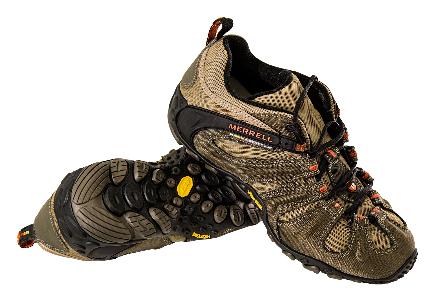 Pair Of Rugged Brown Hiking Shoes With Yellow Lace Hooks And Grip Soles PNG