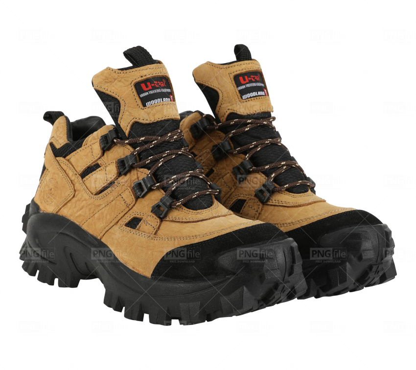 Pair Of Tan Hiking Boots With Rugged Black Traction Soles PNG