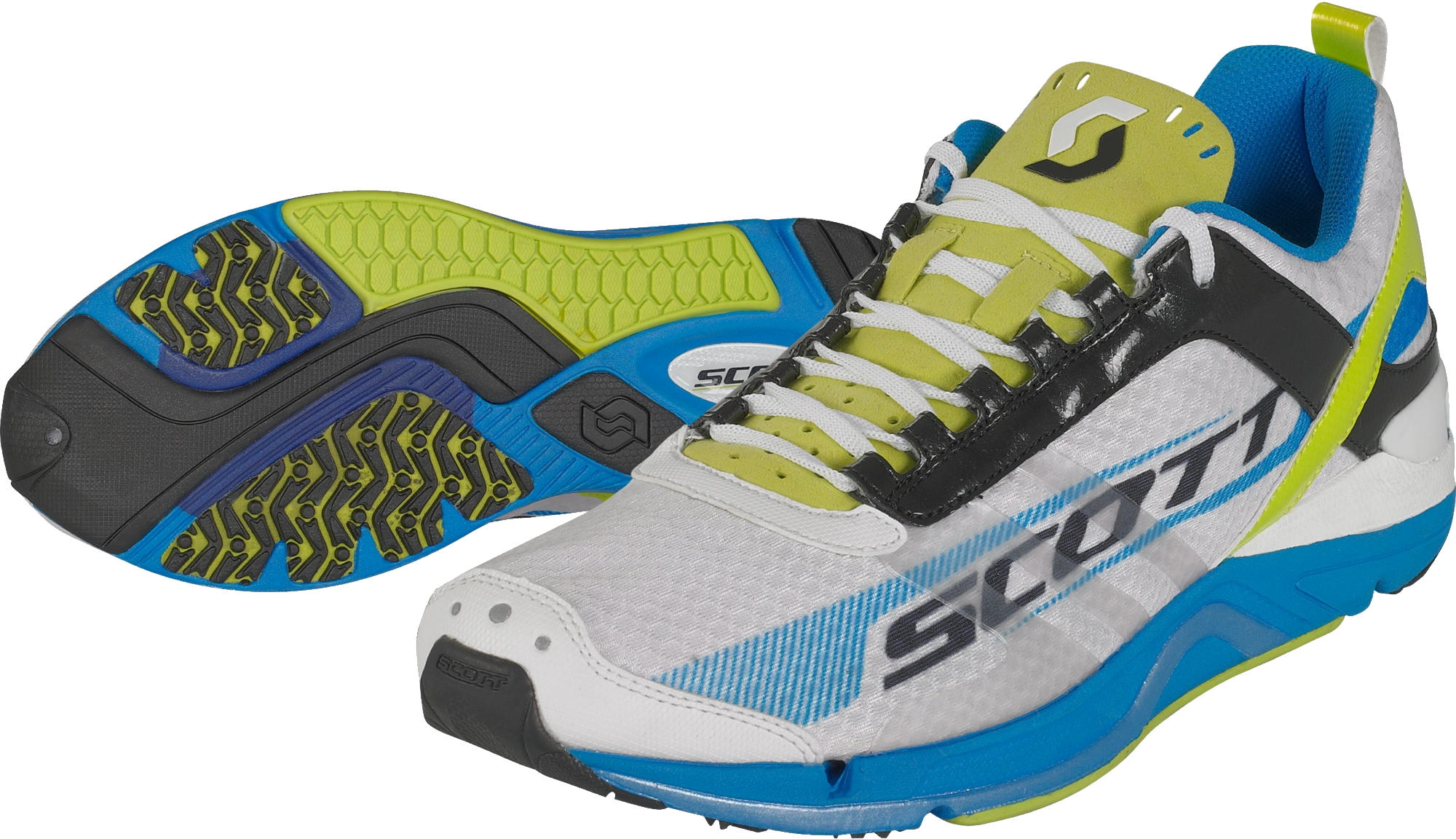 Pair Of White Blue And Lime Green Trail Running Shoes Product View PNG