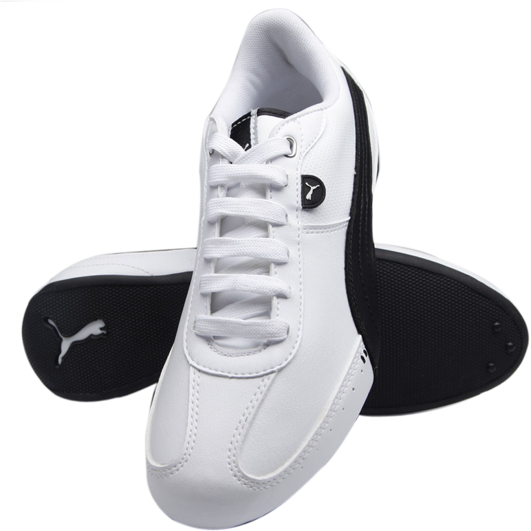 Pair Of White Low Top Mens Athletic Sneakers With Black Sole PNG