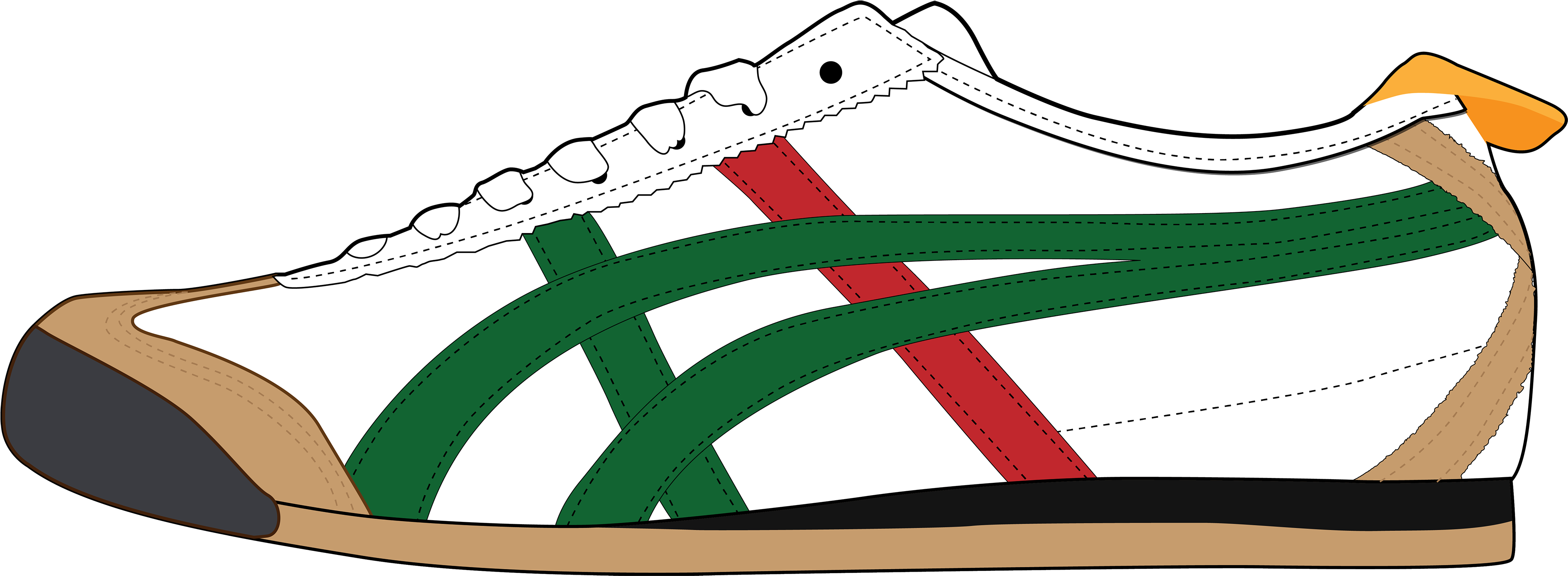 White Low Top Retro Sneaker Illustration With Green Red Side Stripes PNG