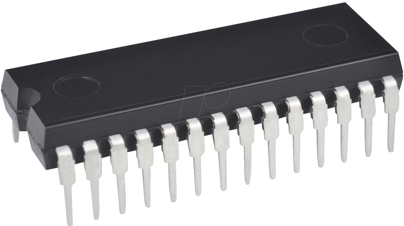 Black DIP Microcontroller Chip Front View With Long Silver Pins PNG