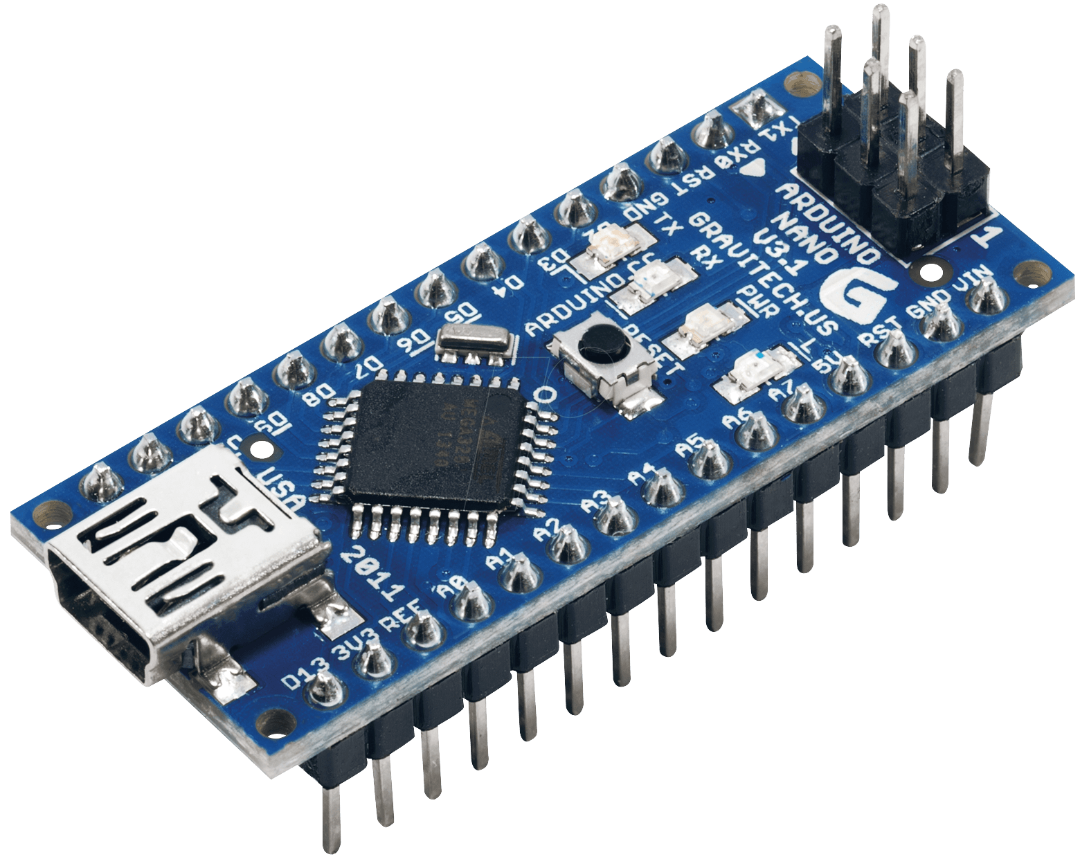 Blue Microcontroller Development Board With USB Connector And Header Pins PNG