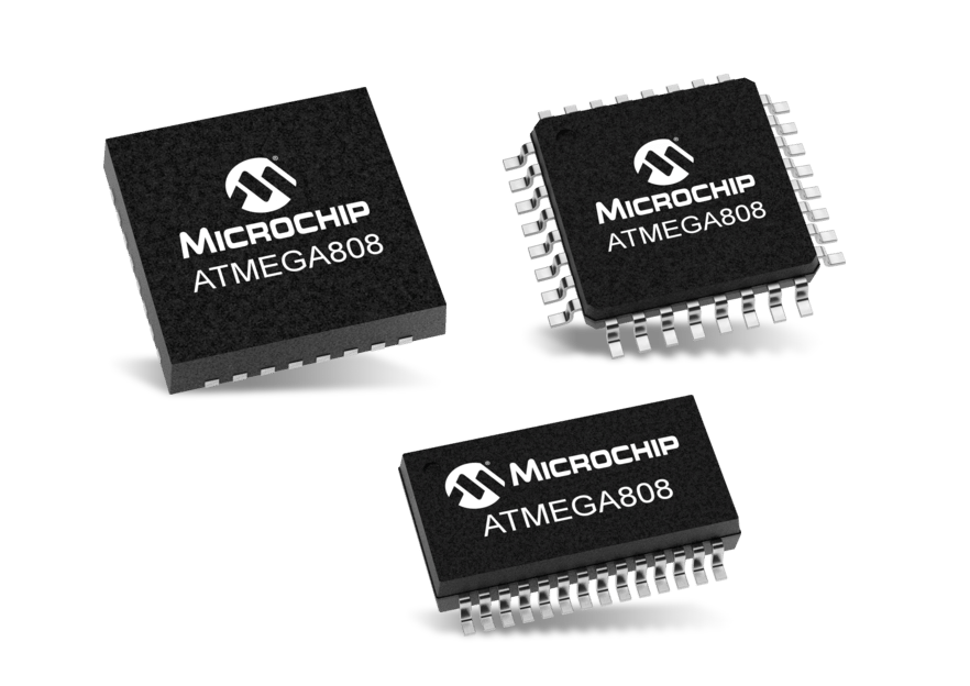 Three Microchip ATmega4808 Microcontroller Chips Different Package Styles PNG