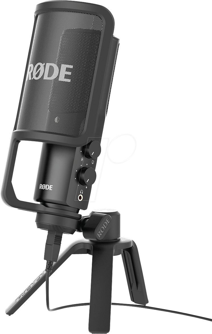 Black Compact Broadcast Microphone On Table Stand Product Photo PNG