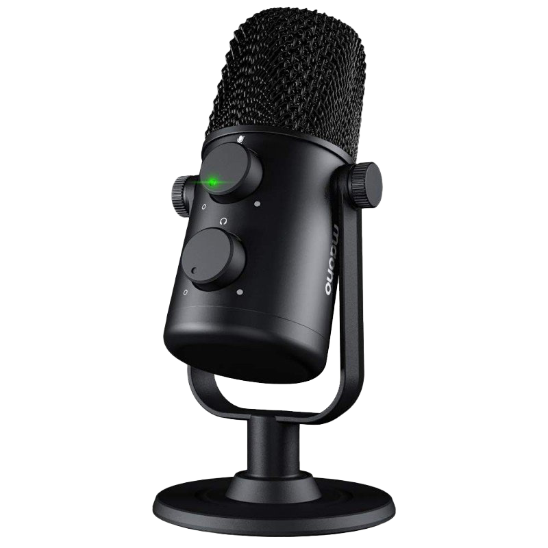 Black USB Podcast Microphone With Desktop Base And Volume Controls PNG