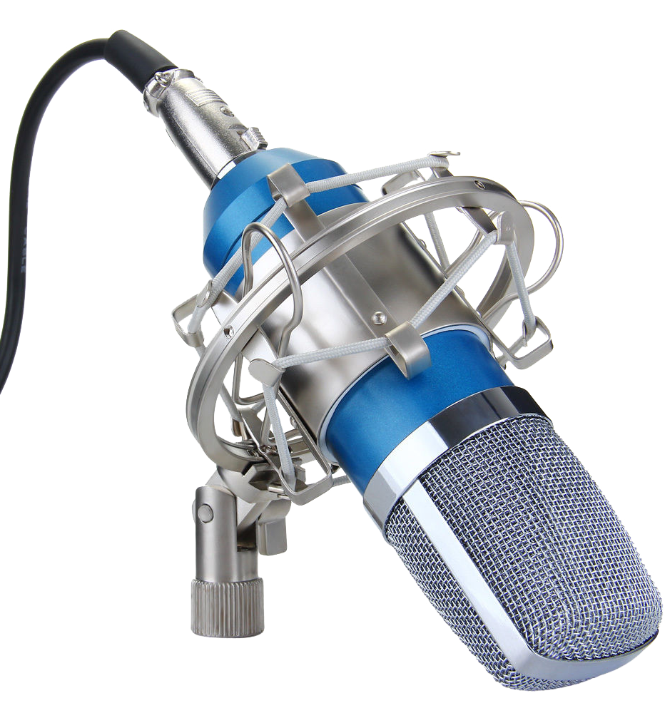 Blue And Silver Studio Microphone With Metal Shock Mount And Cable PNG