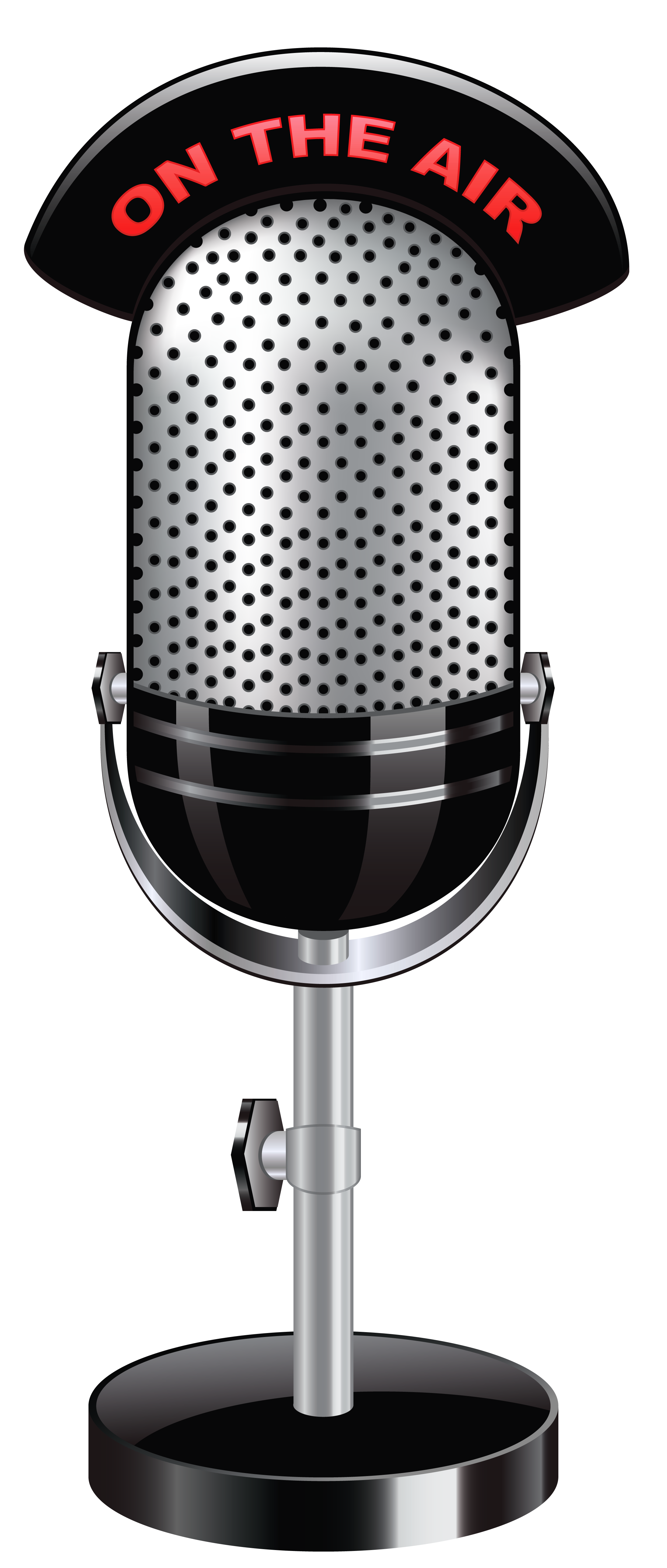 On The Air Retro Microphone With Red Sign And Black Desktop Stand PNG