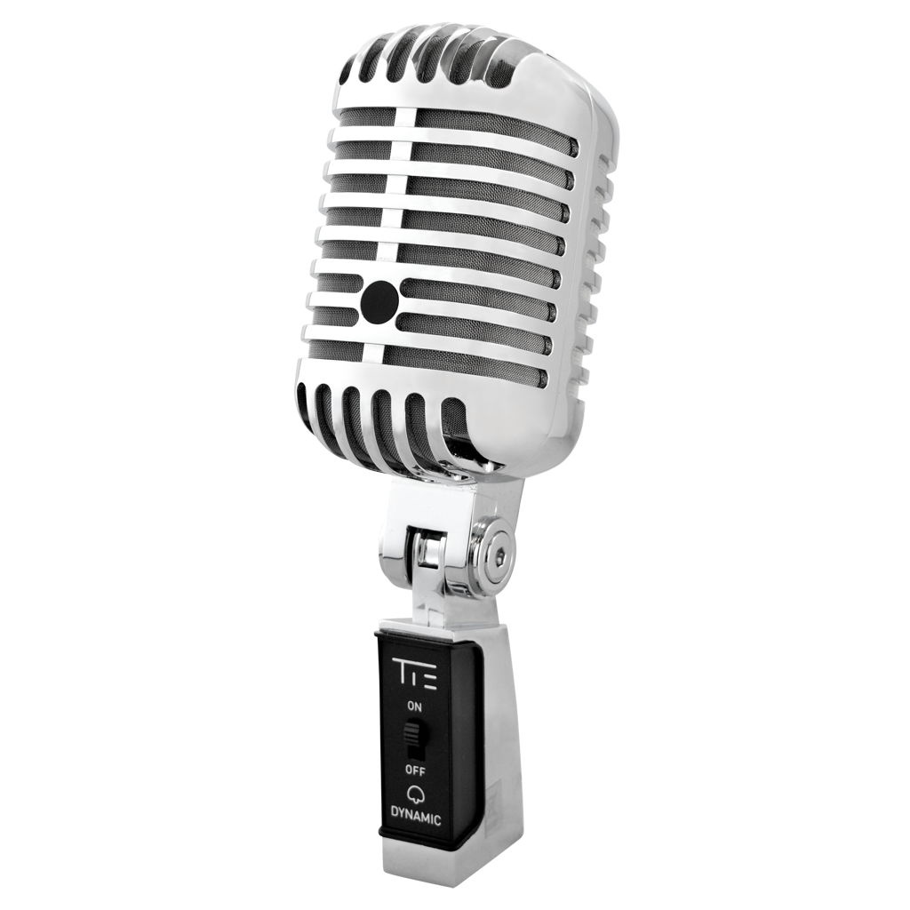 Silver And Blue Retro Broadcast Microphone With Black Table Stand PNG