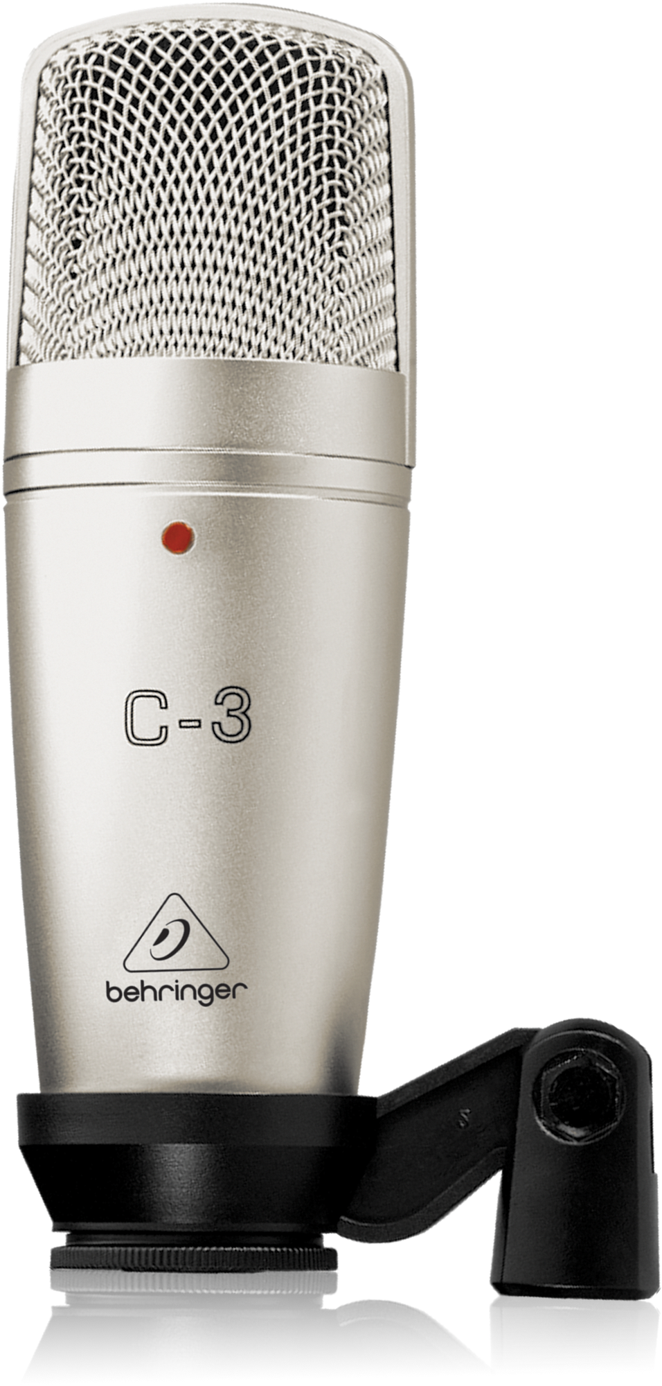 Silver Condenser Studio Microphone In Shock Mount On Boom Arm PNG