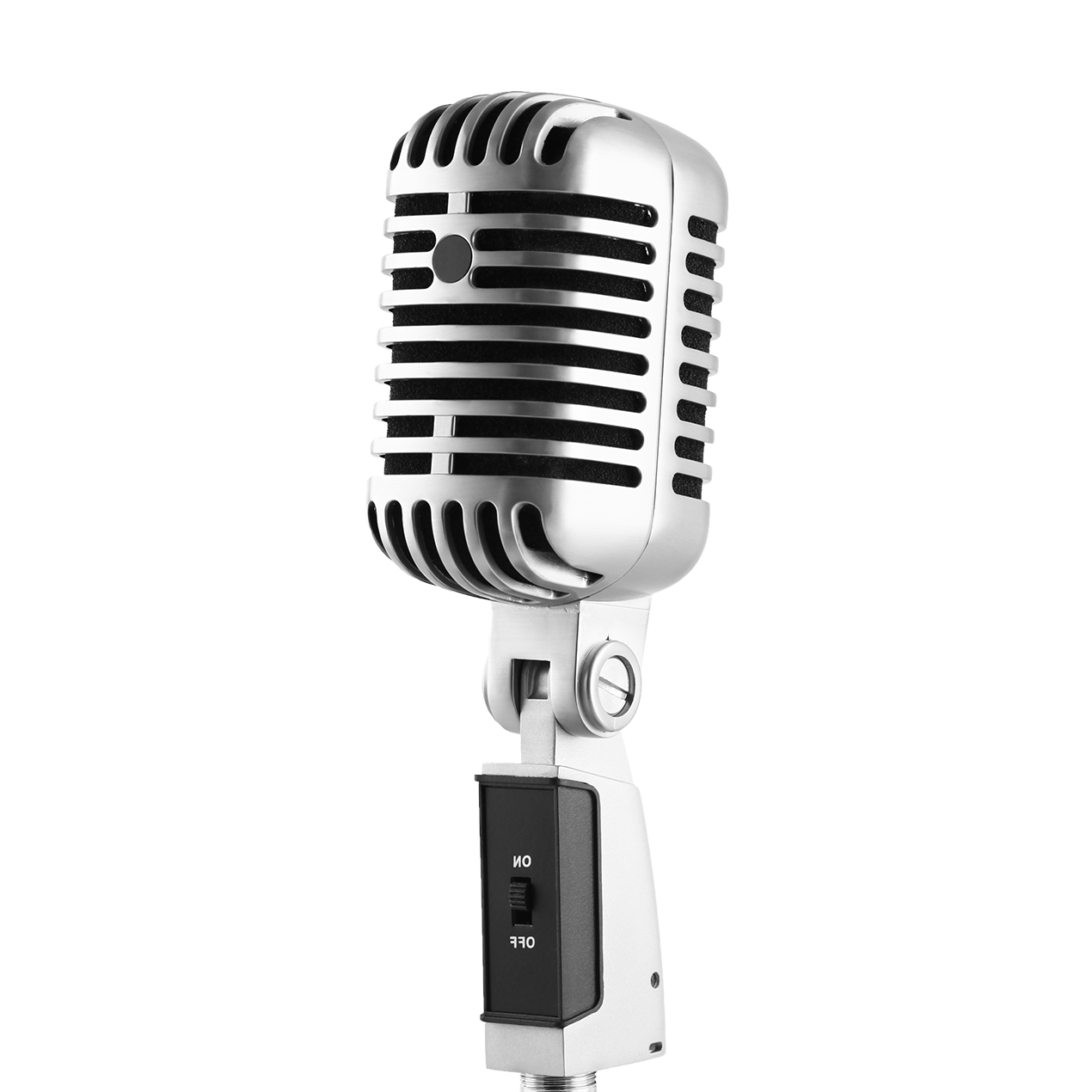 Silver Retro Microphone With Black Mount And Vertical Stand PNG