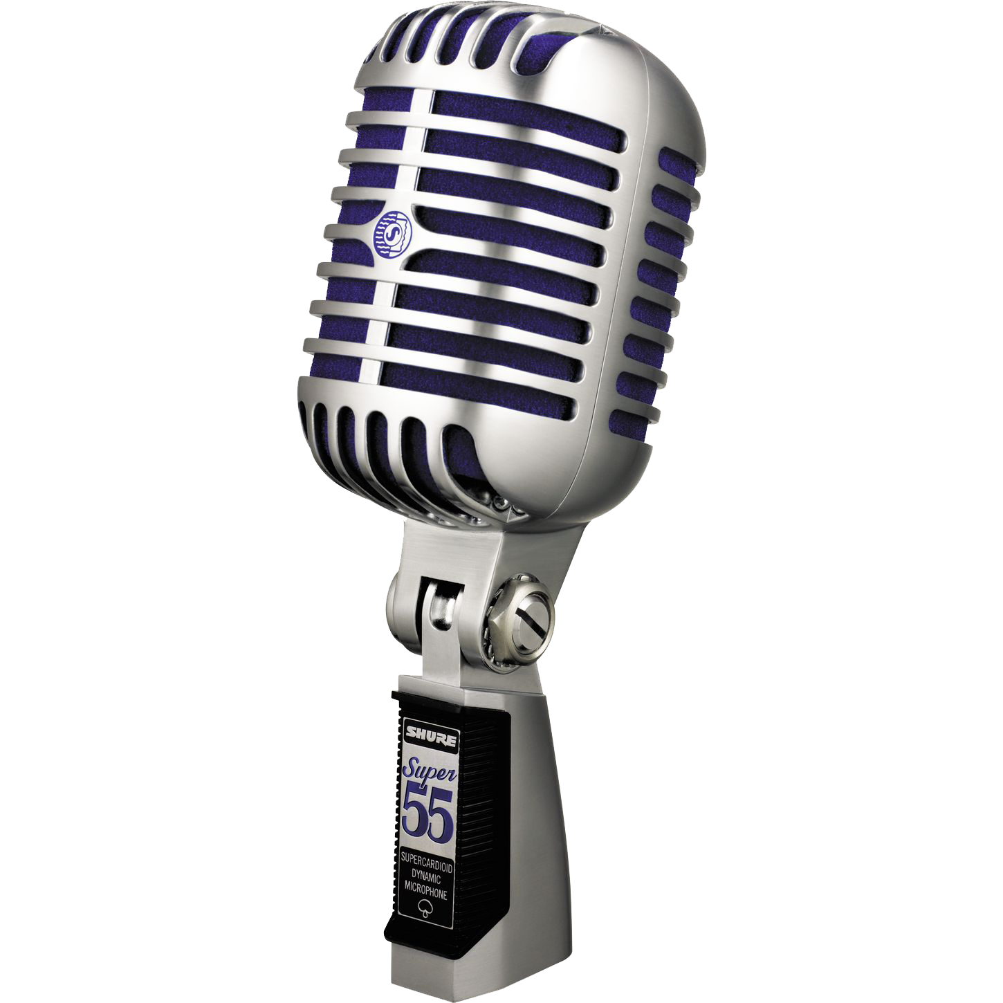 Silver Retro Ribbon Microphone With Purple Grill And Classic Base PNG