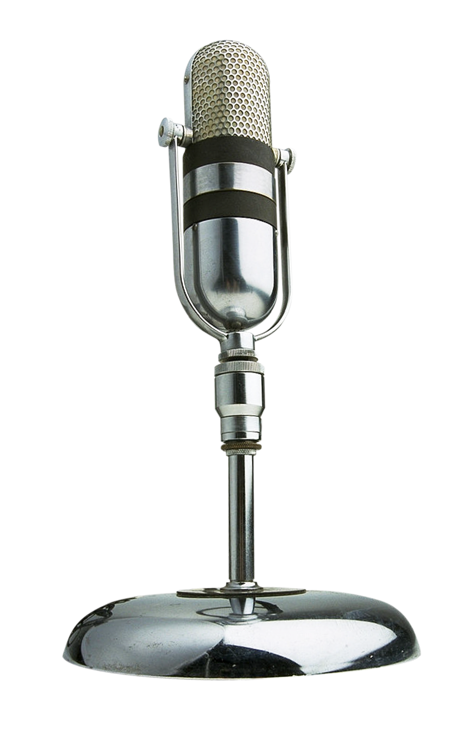 Silver Vintage Microphone With Round Chrome Desktop Base Product Photo PNG