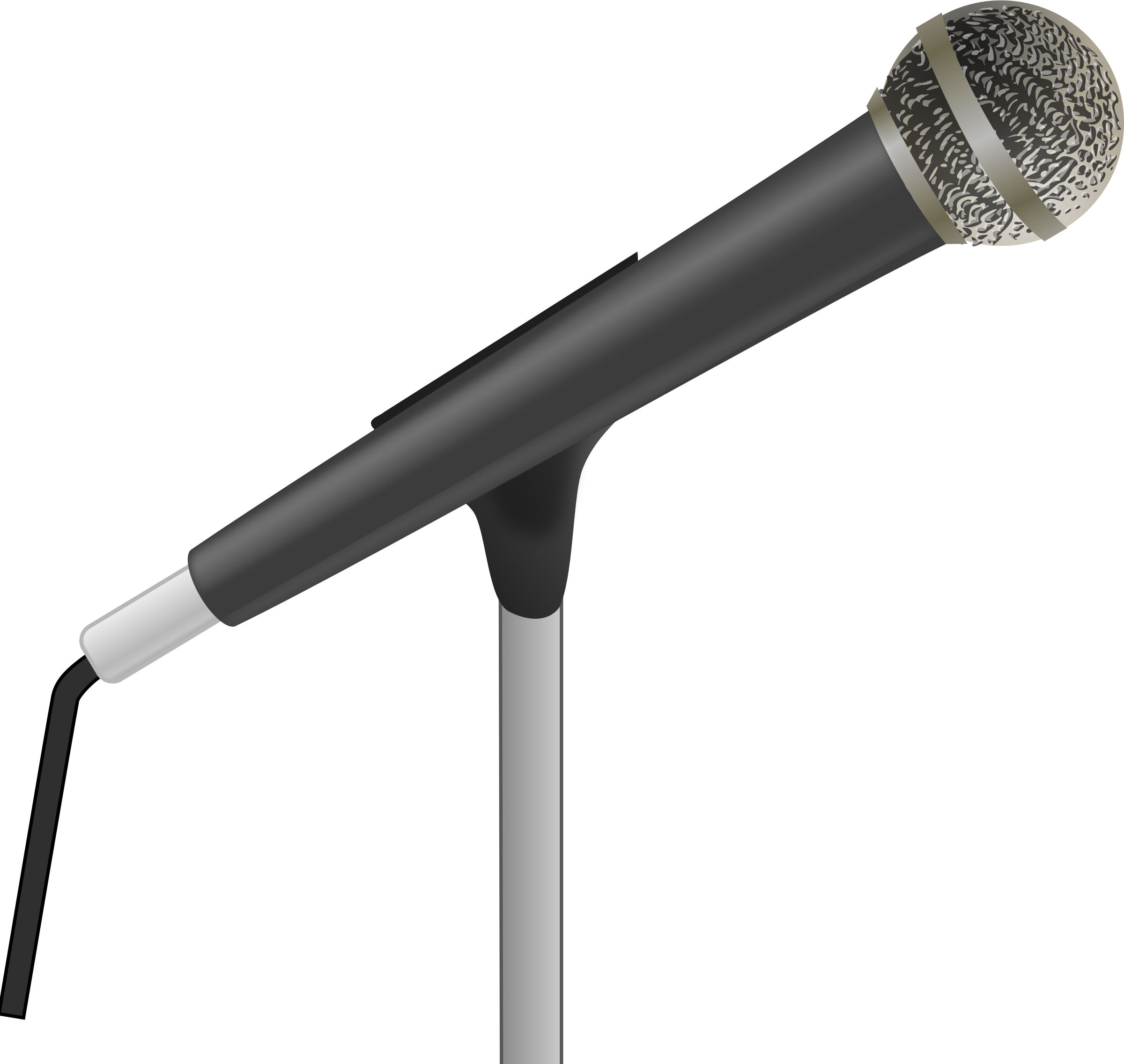 Silver Wired Microphone Mounted On Slim Desktop Stand With Cable PNG