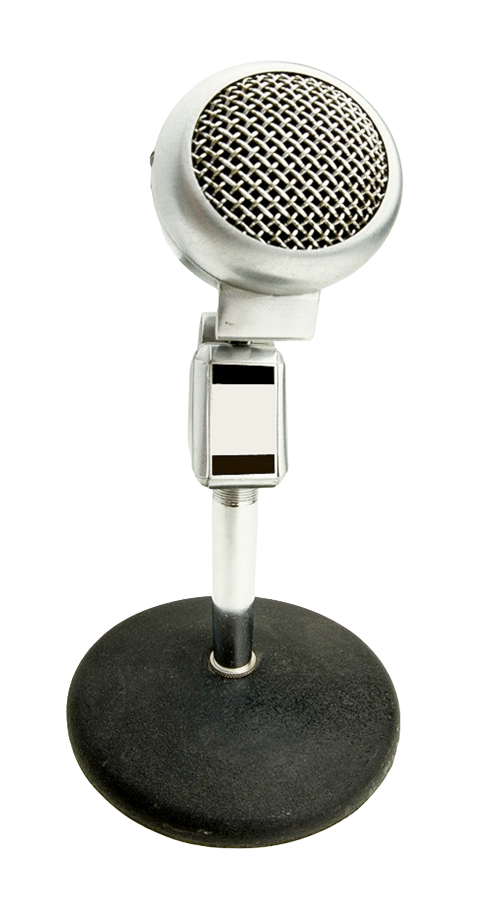 Small Silver Retro Microphone On Black Circular Stand Isolated PNG PNG