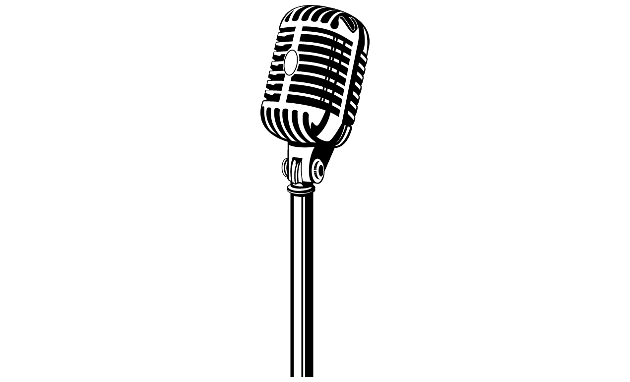 Vintage Microphone On Stand Black And White Line Illustration PNG