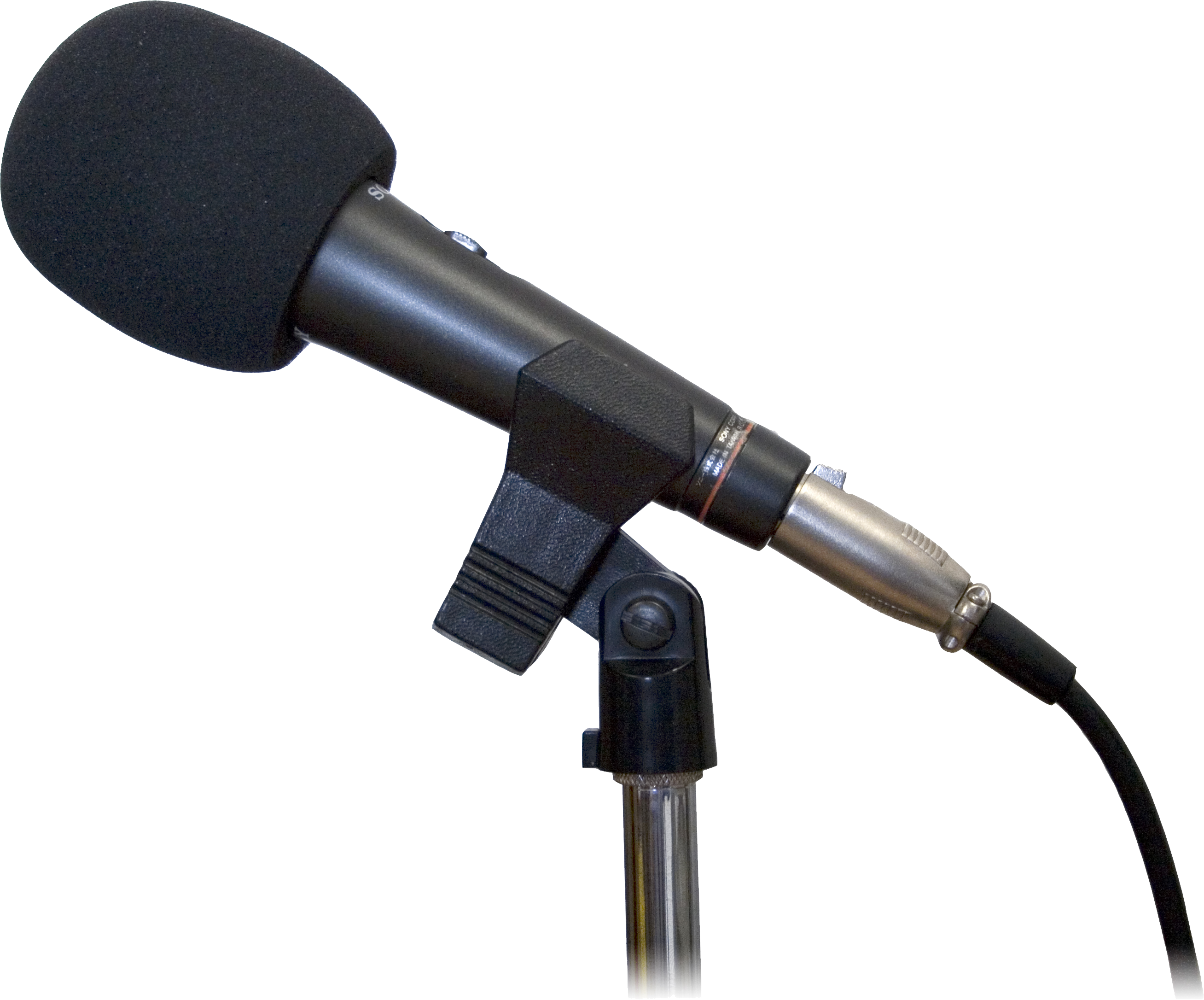 Wired Microphone With Black Foam Windscreen Mounted On Stand PNG