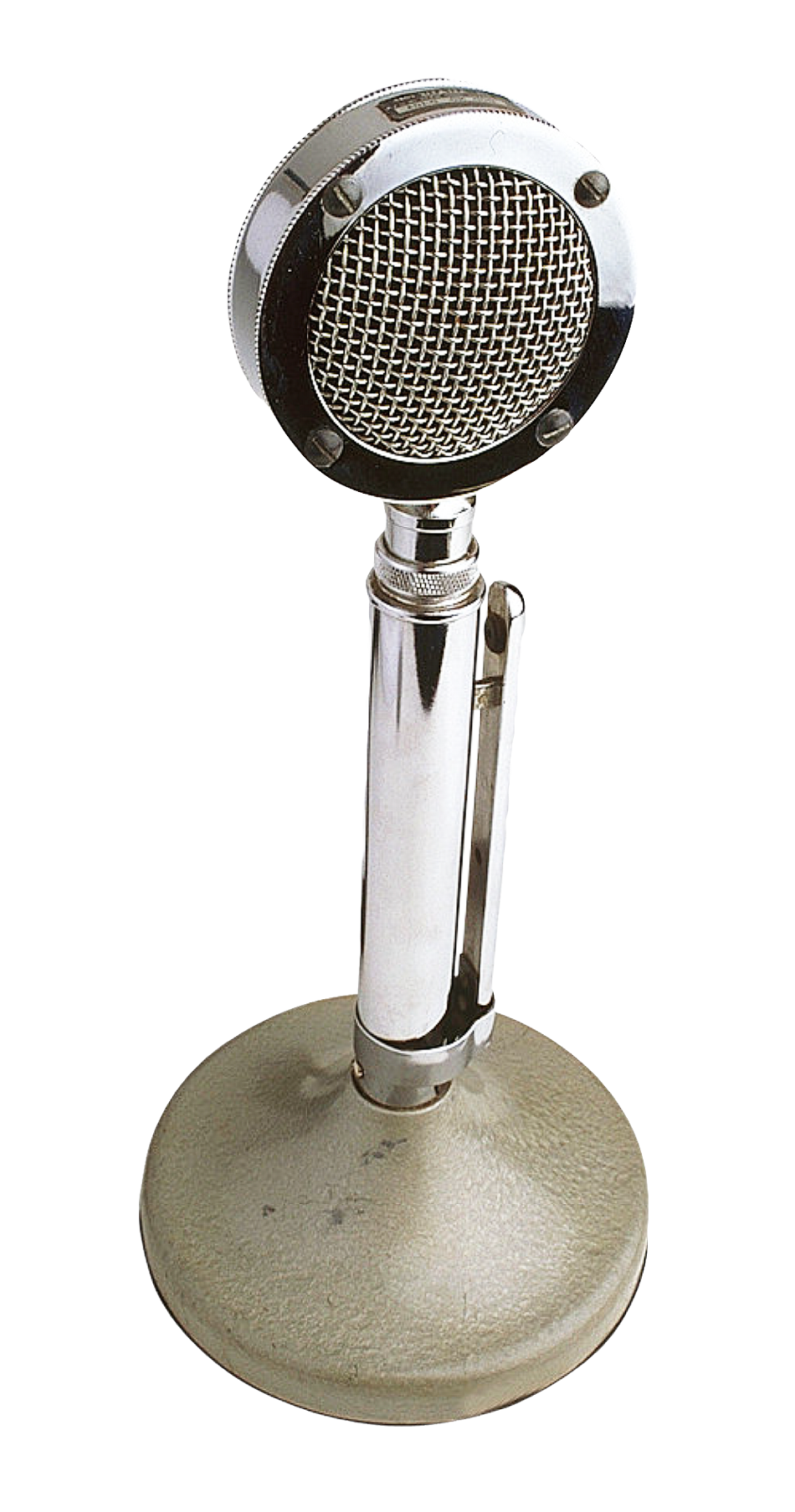Small Chrome Desktop Microphone On Round Silver Weighted Base PNG