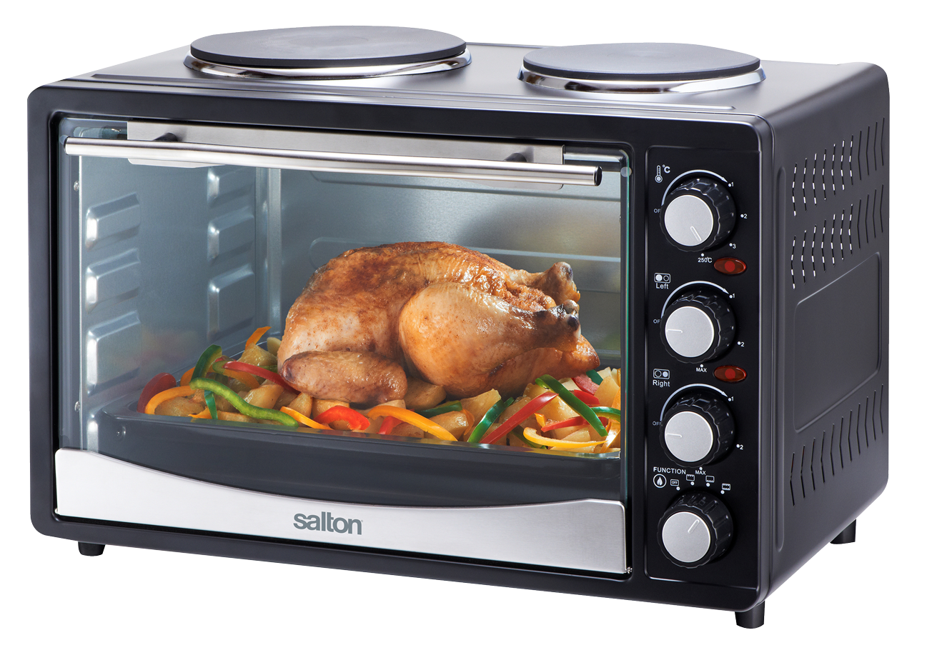 Black Convection Toaster Oven Roasting Chicken With Side Knobs PNG