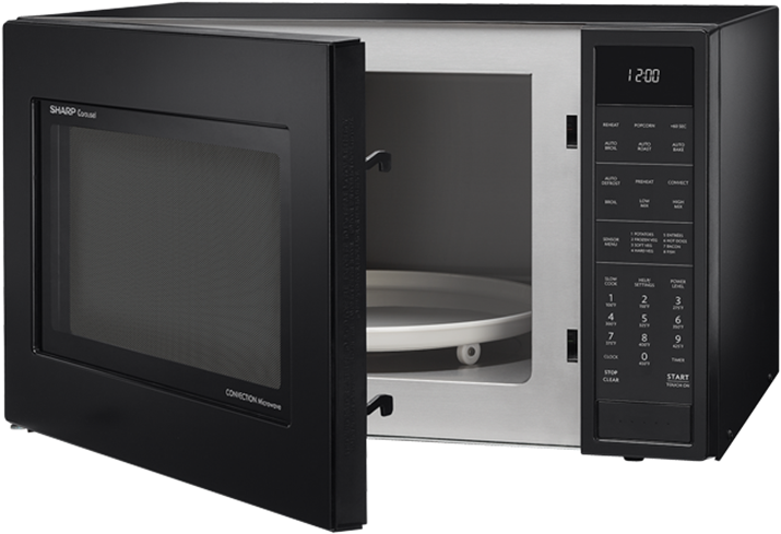 Black Countertop Microwave Oven Open Door Showing White Interior PNG