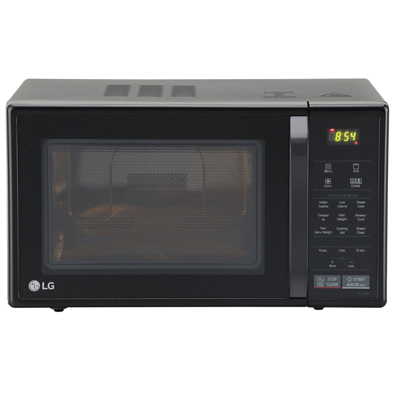 Black LG Microwave Oven Front View With Digital Time Display PNG