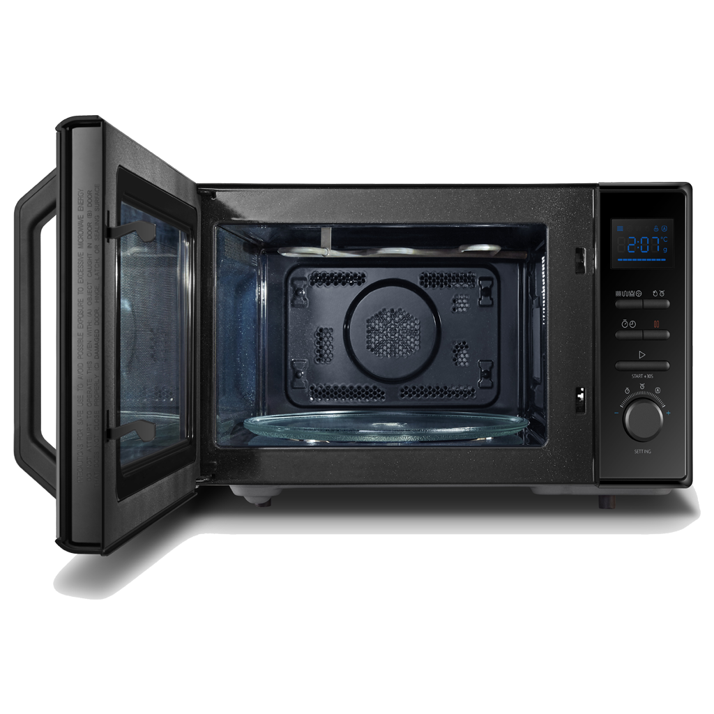 Black Microwave Oven With Door Open Showing Interior Cavity PNG
