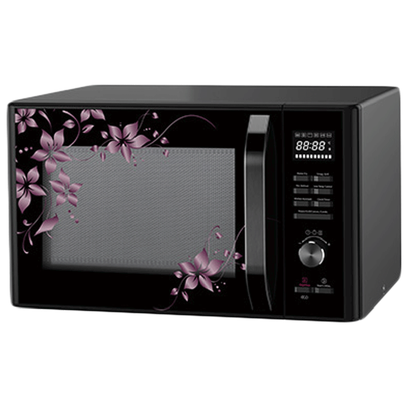 Black Microwave Oven With Pink Floral Patterned Door Product Image PNG