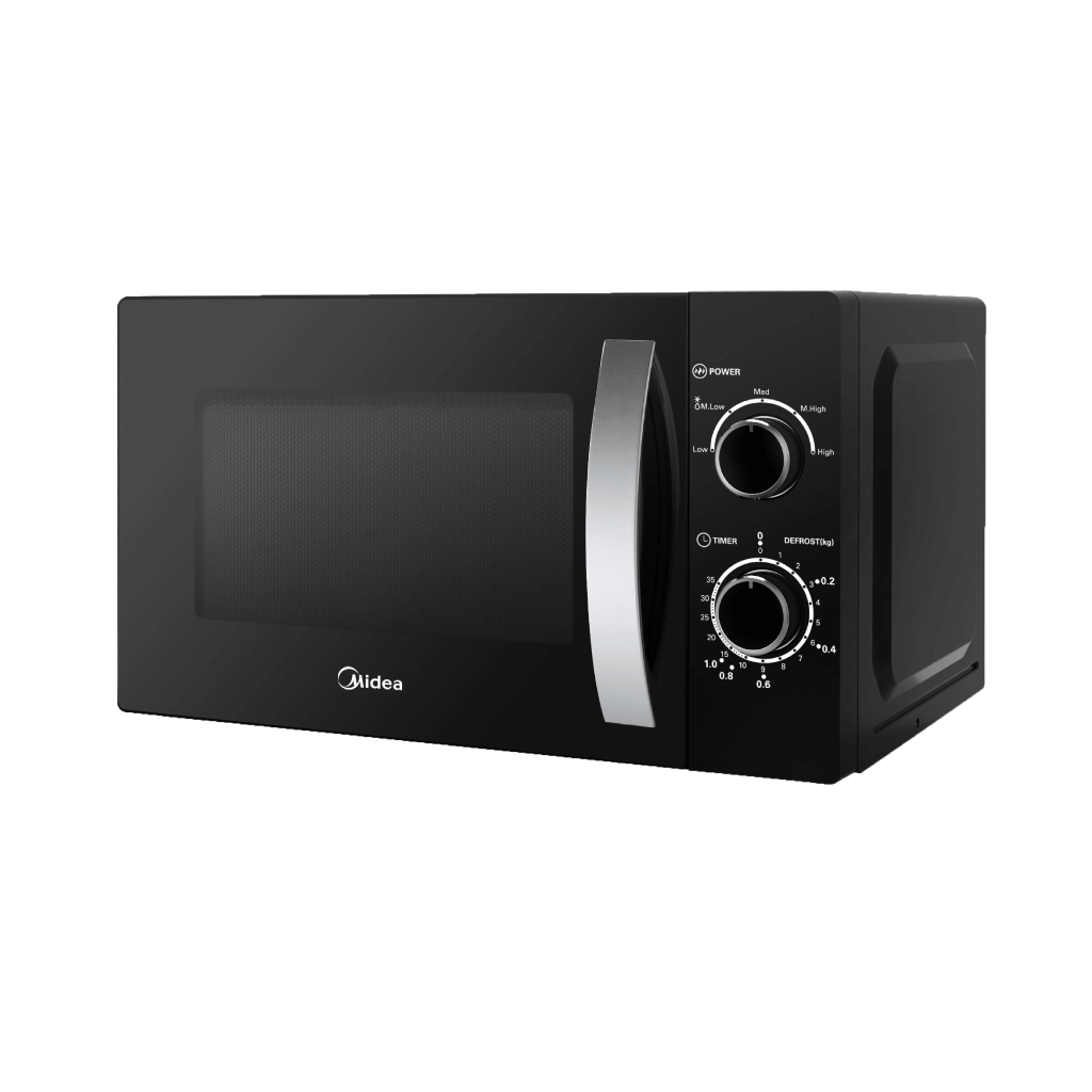 Black Retro Microwave Oven With Silver Handle And Round Dial Controls PNG