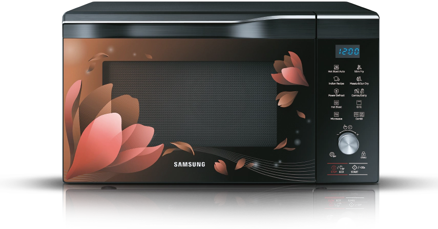 Black Samsung Microwave Oven With Pink Floral Glass Door PNG Image PNG