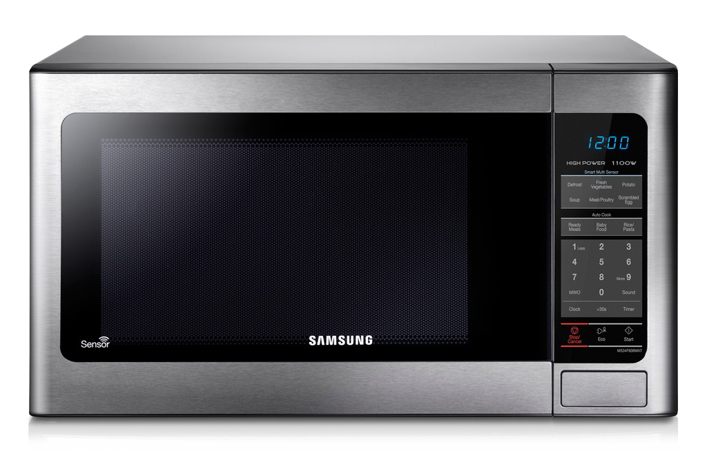 Samsung Stainless Microwave Oven With Black Glass Door And Digital Display PNG