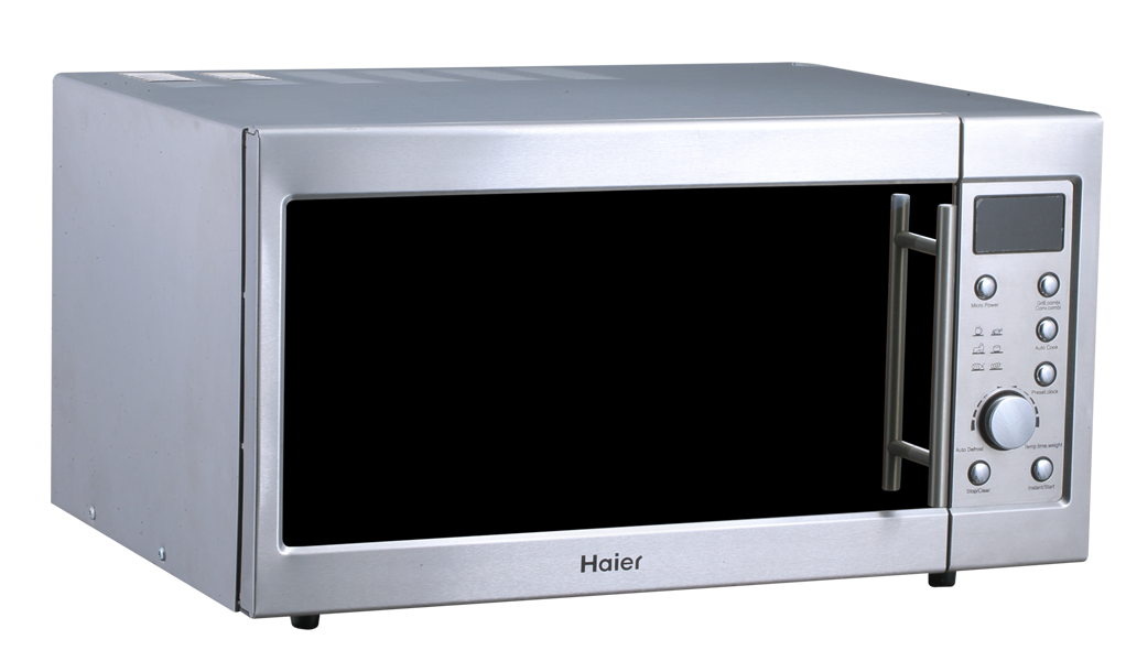 Silver Haier Microwave Oven With Vertical Handle And Digital Clock PNG