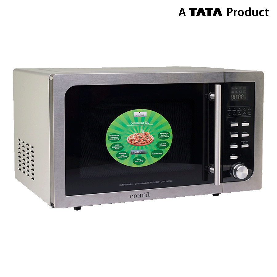 Tata Stainless Microwave Oven With Green Food In Glass Door PNG