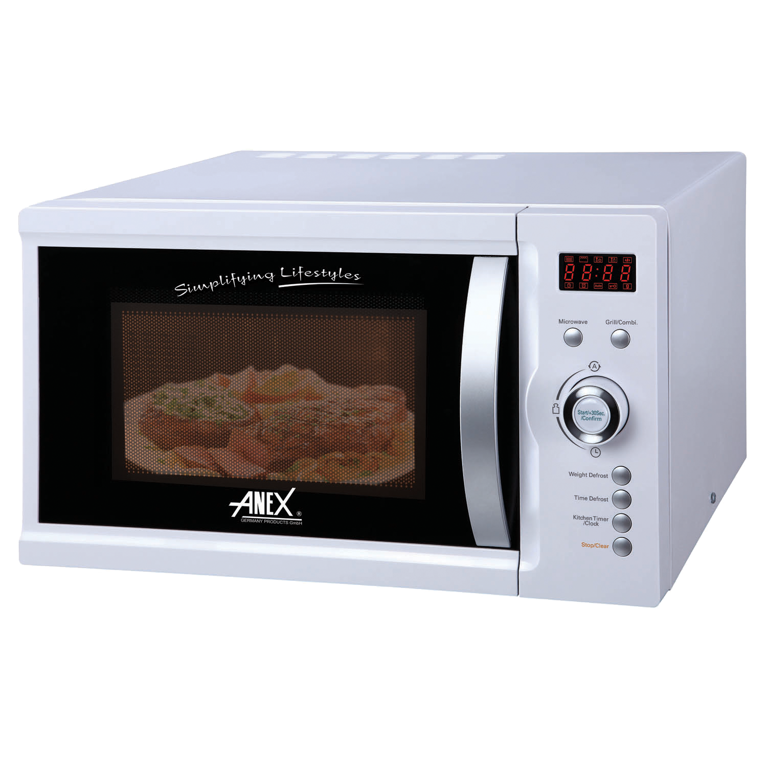 White Anex Microwave Oven With Food Visible Through Glass Door PNG