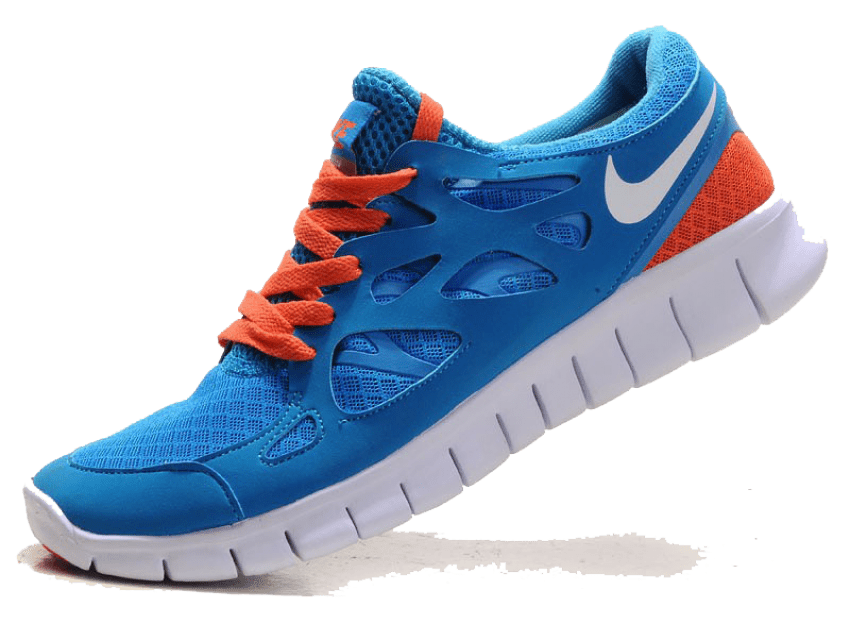 Blue And Orange Nike Running Shoe With Lightweight White Sole PNG