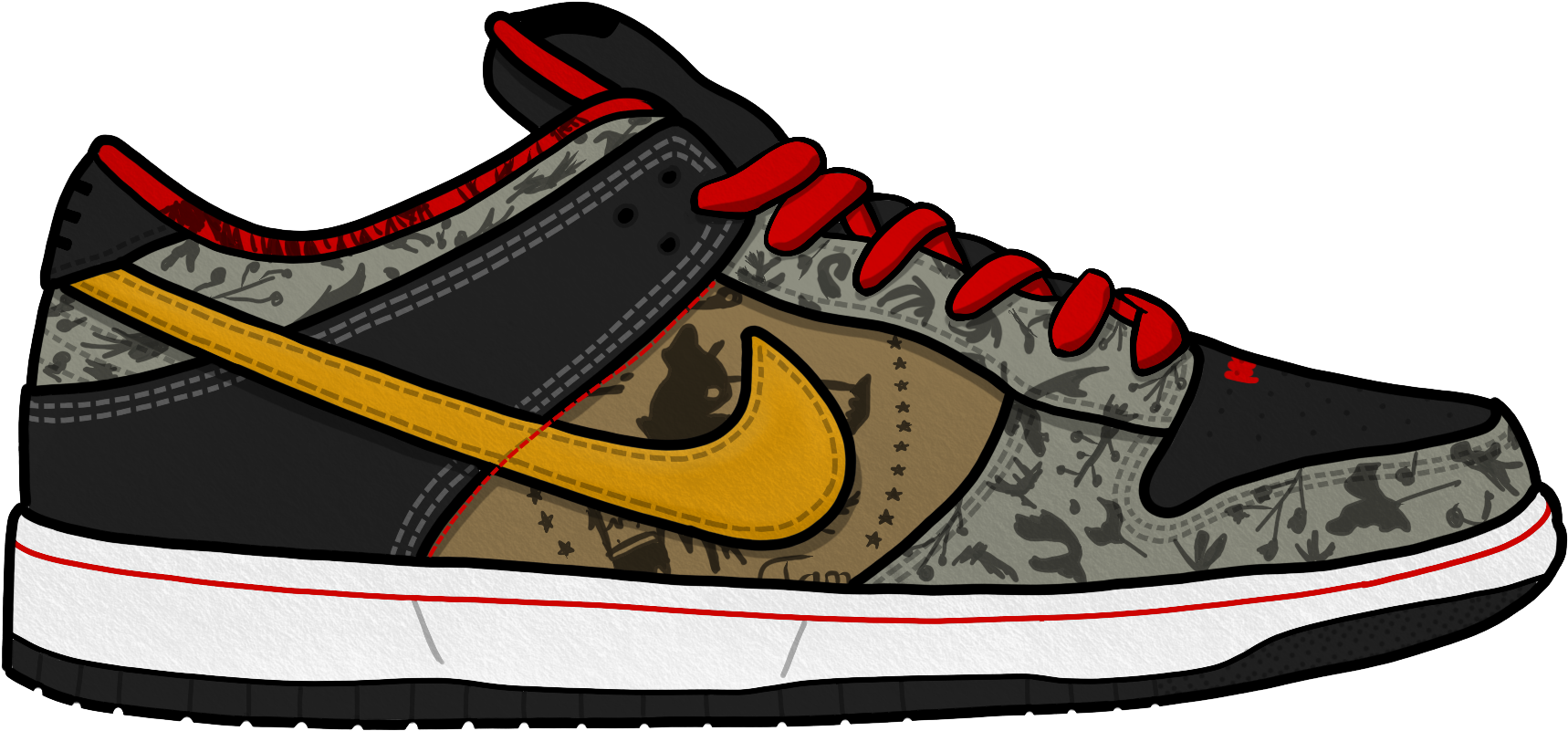 Illustrated Black And Gray Nike Skate Shoe With Gold Swoosh PNG