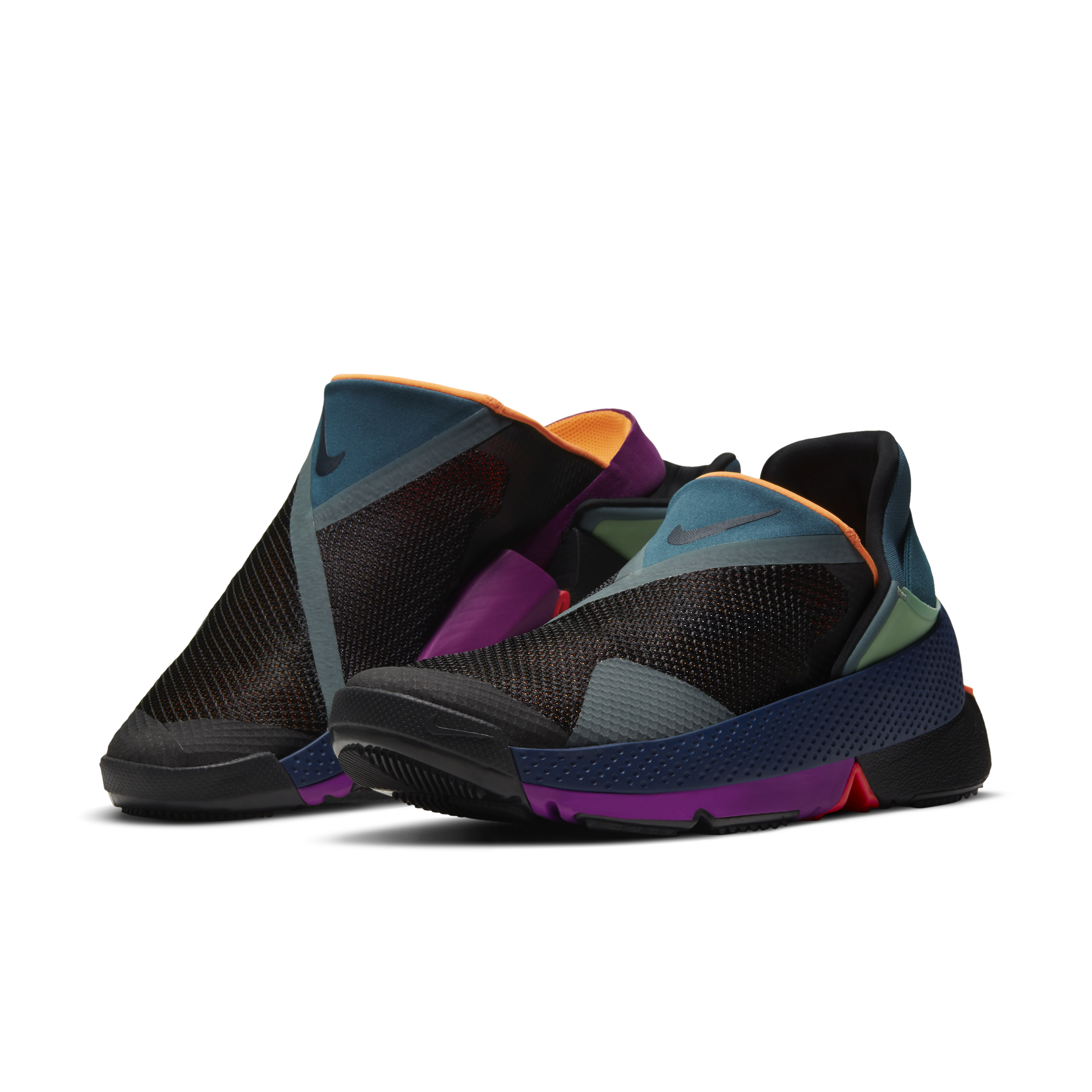 Pair Of Black Nike Adapt Sneakers With Purple Blue And Green Details PNG