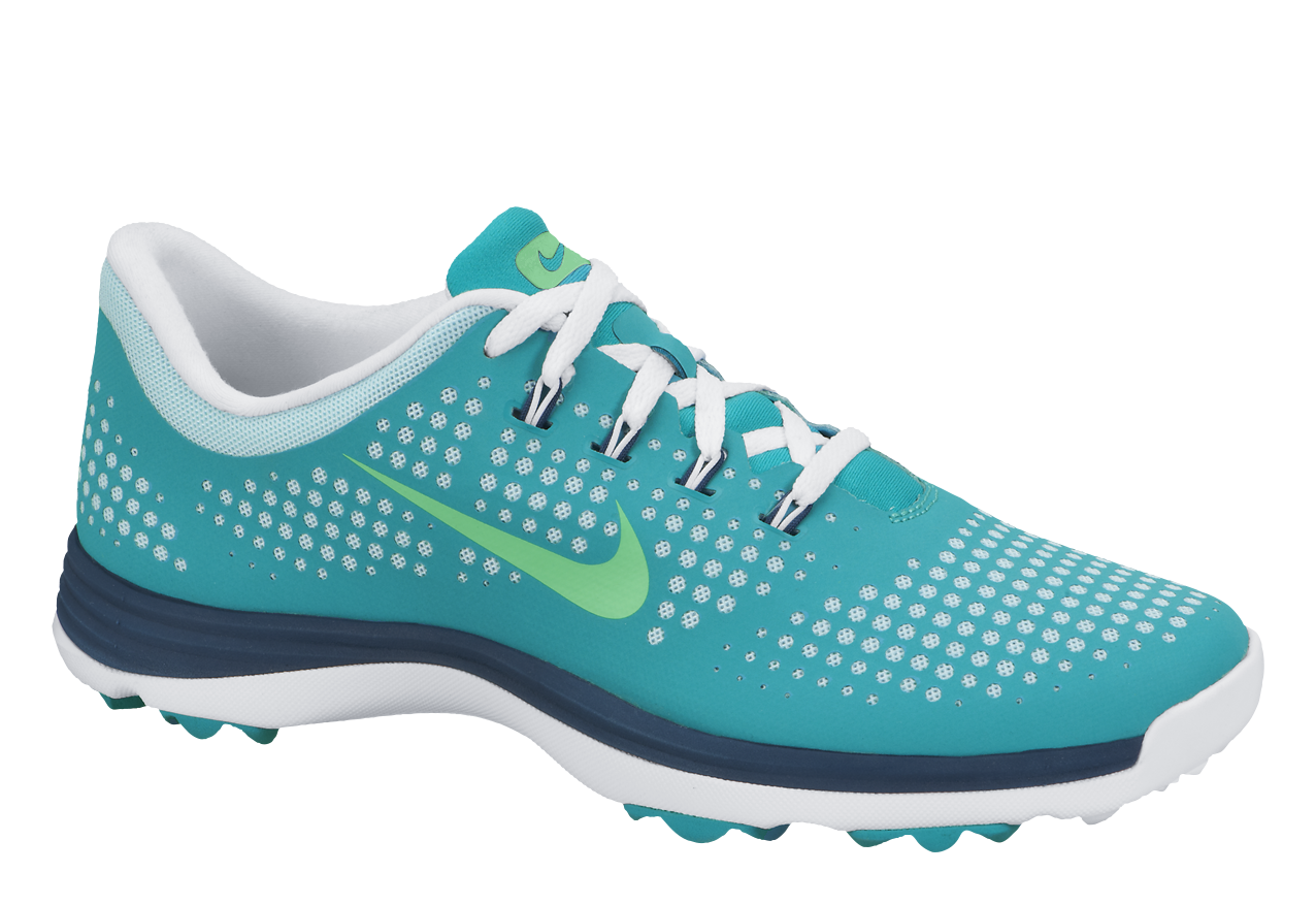 Teal Nike Golf Shoe With White Swoosh And Spiked Sport Sole PNG