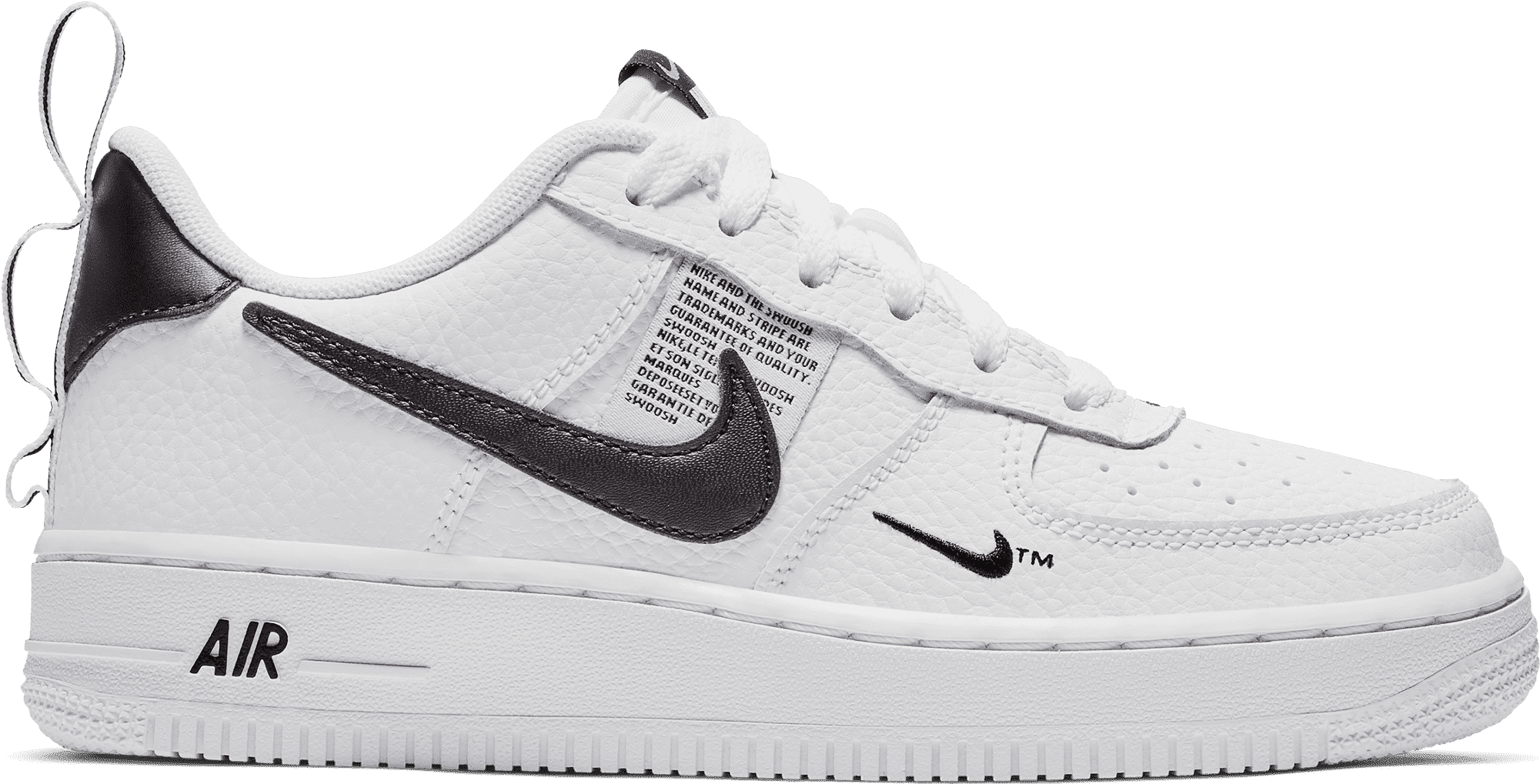 White Nike Air Force Style Sneaker With Black Swoosh Side View PNG
