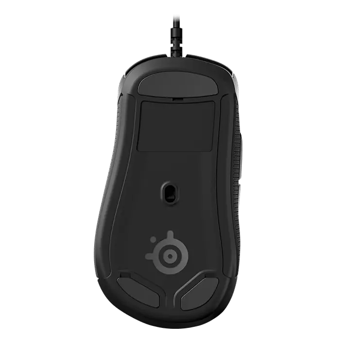 Black Gaming Mouse Bottom View With Optical Sensor And Skates PNG