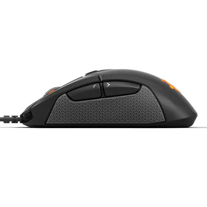Black Gaming Mouse Side View With Textured Thumb Grip PNG
