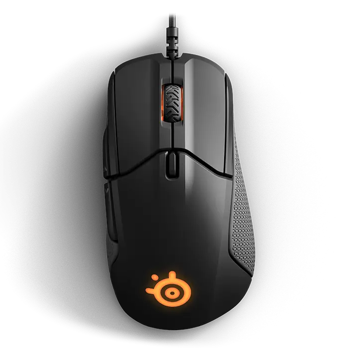 Black Gaming Mouse Top View With Orange Scroll Wheel Lighting PNG