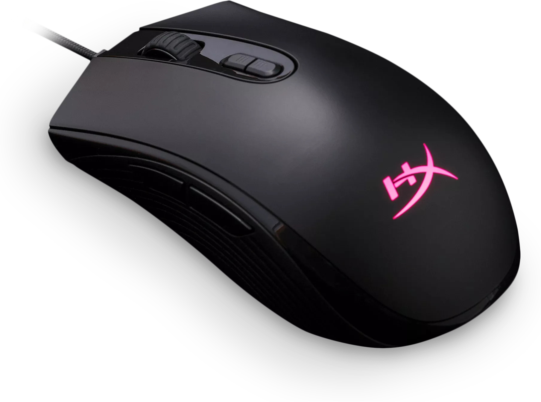 Black HyperX Gaming Mouse With Pink Logo And Side Buttons PNG