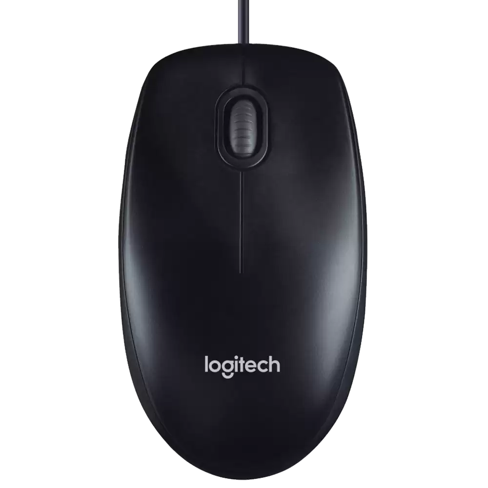 Black Logitech Optical Mouse Front View With Center Wheel PNG