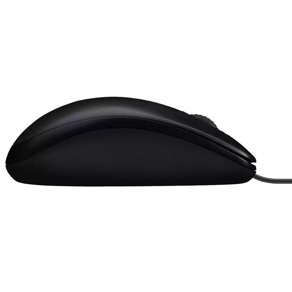 Black Wired Optical Mouse Side View With Curved Cable PNG