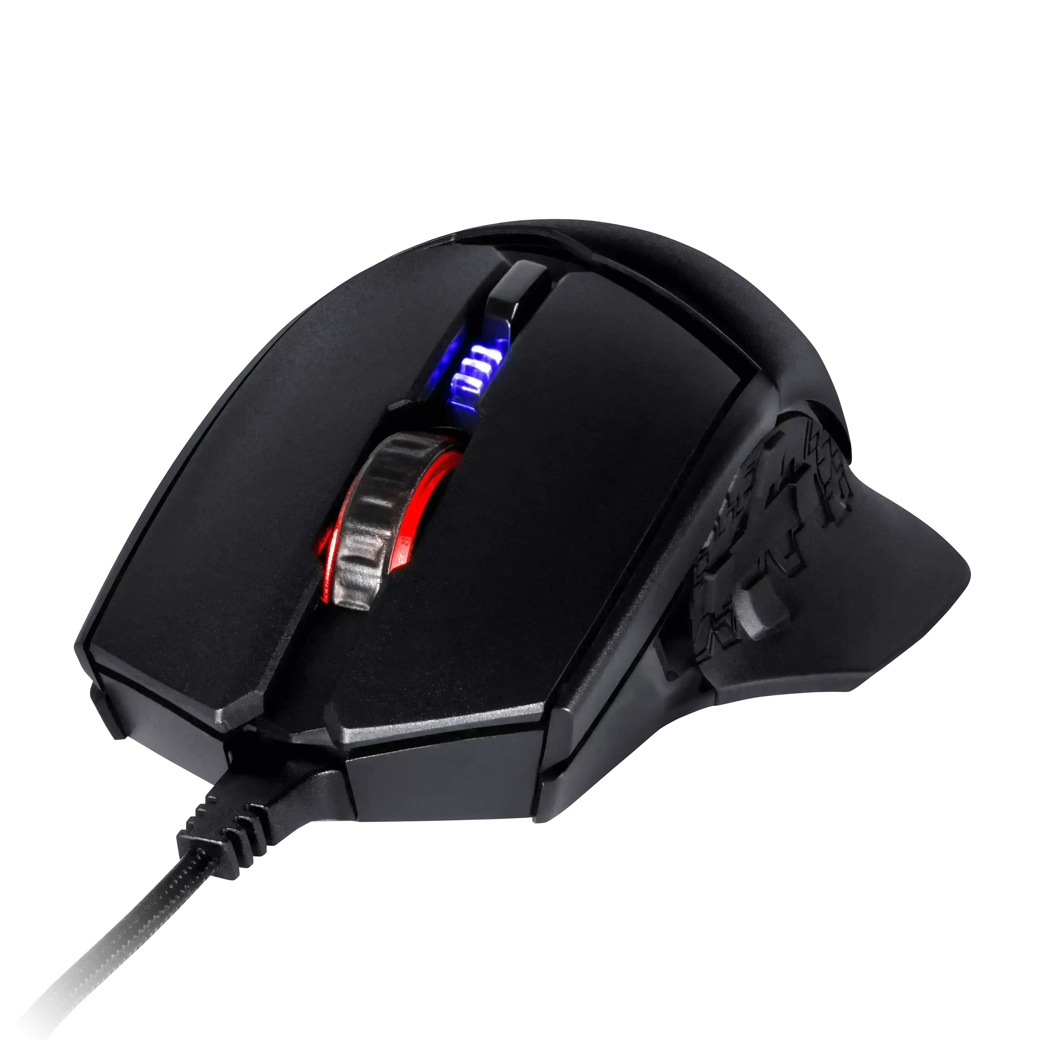 Close Up Of Black RGB Gaming Mouse With Red And Blue Light Strips PNG