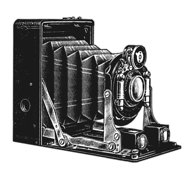 Vintage Folding Bellows Camera Black And White Engraving Illustration