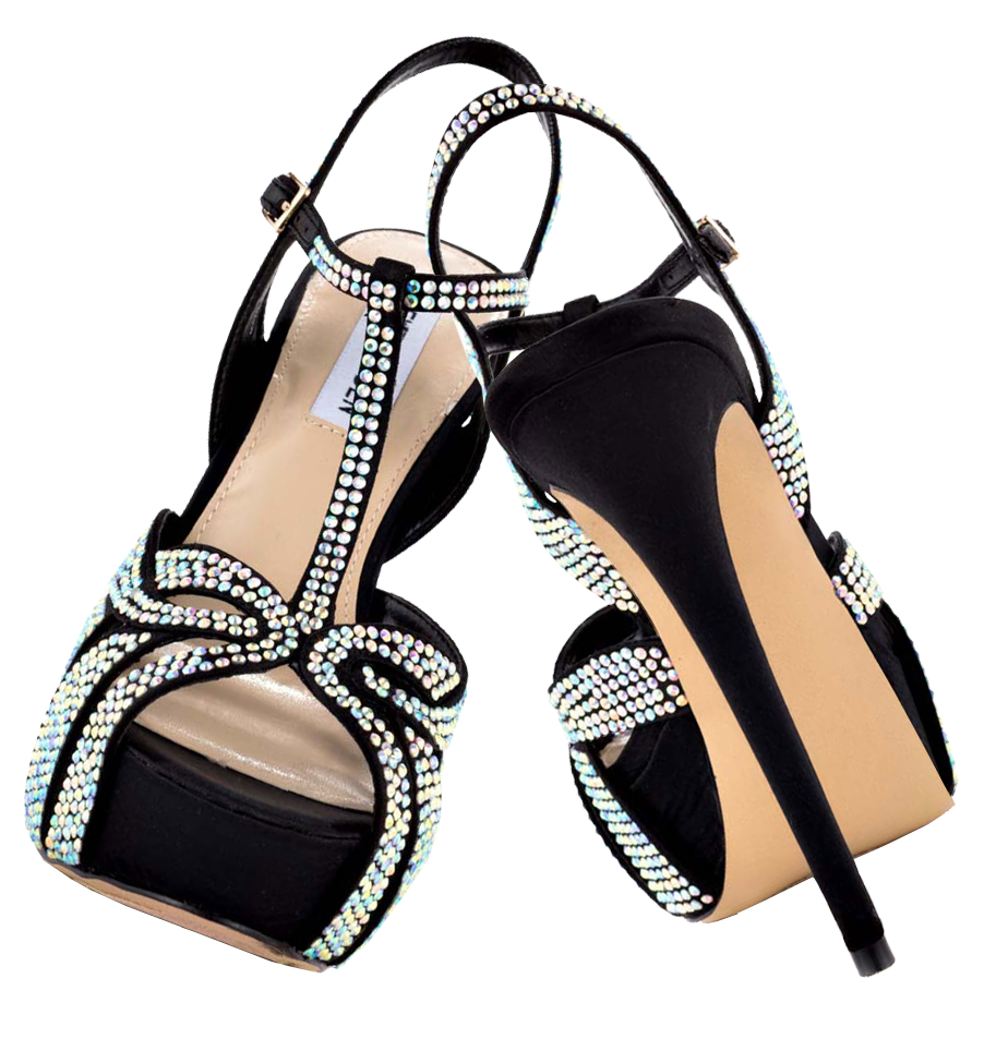 Pair Of Black Evening Sandals With Rhinestone Ankle Straps