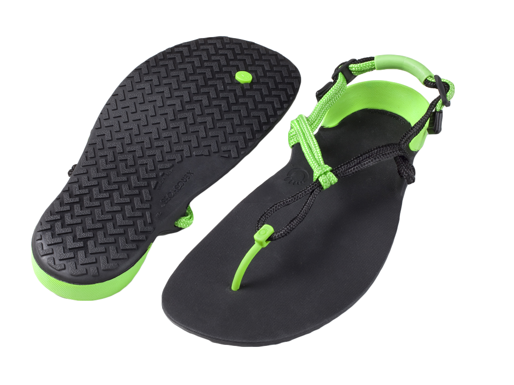 Pair Of Black Sport Sandals With Neon Green Toe Loop Straps