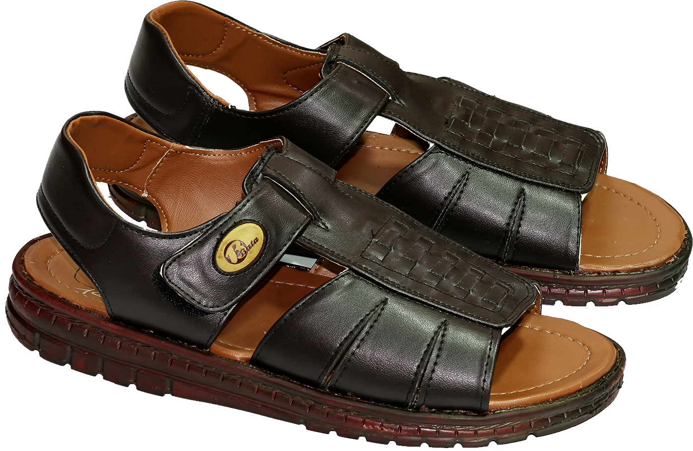 Pair Of Brown Leather Fisherman Sandals With Adjustable Buckles